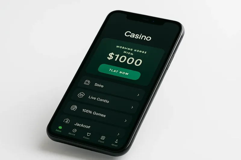 Sleek smartphone showing dark premium casino app with green accents