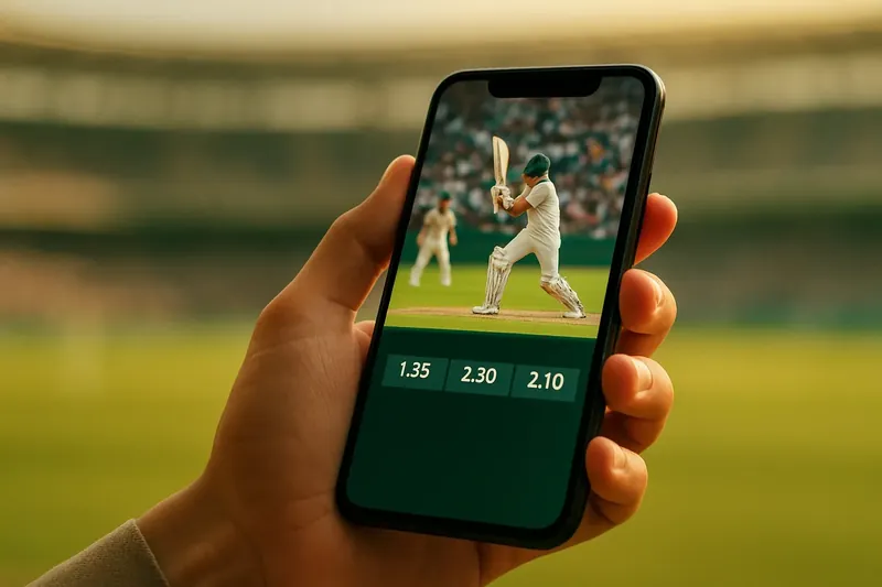 Live Cricket Odds Hand holding smartphone showing live cricket match and real-time odds