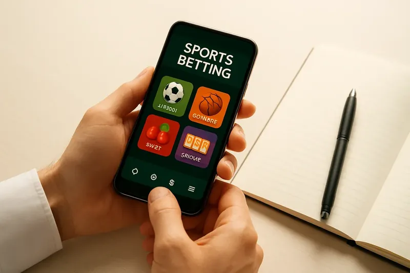 Man's hands using phone with betting app on desk