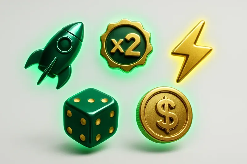 Neon Game Icons Glowing instant game icons with rocket, dice, coin, and lightning