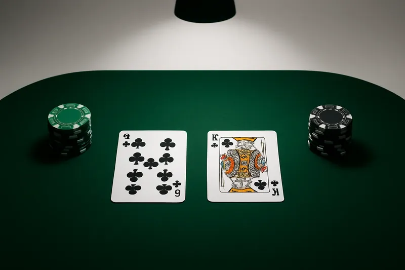Face-up baccarat cards and chip stacks on green felt table